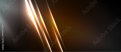 Abstract light streaks, diagonal lines, dark background. Bright golden glow creates dynamic visual effect. Minimalist design.
