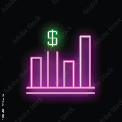 Neon sign illustration of a bar chart growing higher with a dollar sign above it on a dark background
