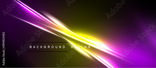 Abstract neon lines intersect over black background. Bright yellow glow radiates from central point, purple streaks extend outward. Modern design element.