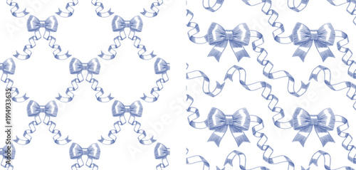 Seamless patterns drawn violet blue gift bow coquette silk ribbon drawings serpentine Hand drawn illustration bowtie. Bowknot elements background vector. Print fabric wrapping wallpaper greeting cards