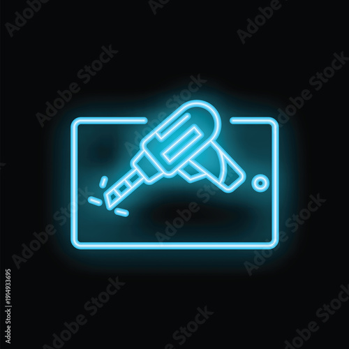 Blue neon sign of a drill making a hole in a surface on a black background