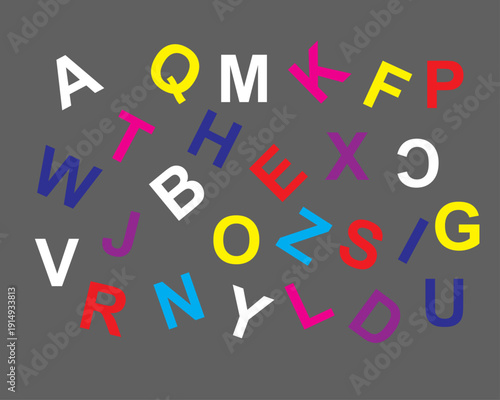English alphabet A to Z colorful scattered letters, creative typography learning design, playful educational background