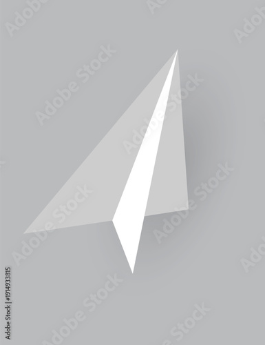 Paper plane model. Origami handmade aircraft view. Vector white paper airplane with shadow, isolated on gray background