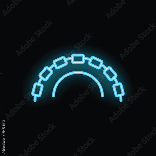 Neon sign representing a tunnel entrance with blue lights glowing in the dark