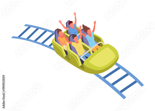 Roller coaster happy people. Rollercoaster. Friends riding in amusement park have fun positive emotion, park attractions. Young people having fun and enjoyment, cartoon vector illustration