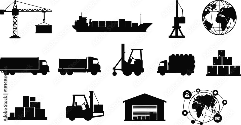 Obraz premium Industrial port scene with cargo vehicles and a crane silhouette