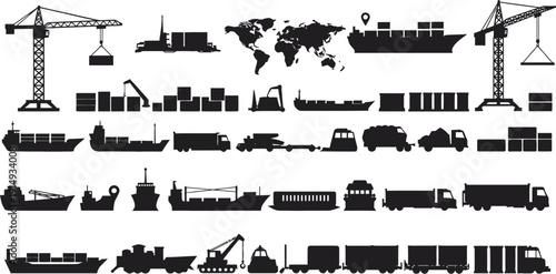 Industrial port scene featuring ships cranes and cargo black silhouette