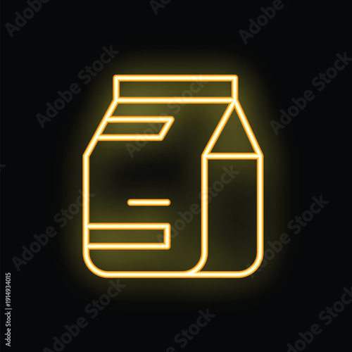 Simple line icon of a milk or juice carton glowing in neon yellow on a black background
