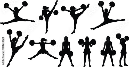 Cheerleader silhouettes set featuring girls jumping, dancing, and holding pom poms in various athletic poses, isolated on white background vector,