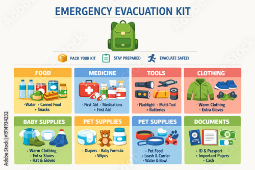 Emergency Evacuation Kit Checklist Infographic. Essential Go-Bag Contents and Supplies for Disaster Preparedness, Survival, and Safe Evacuation (Food, Medicine, Tools).