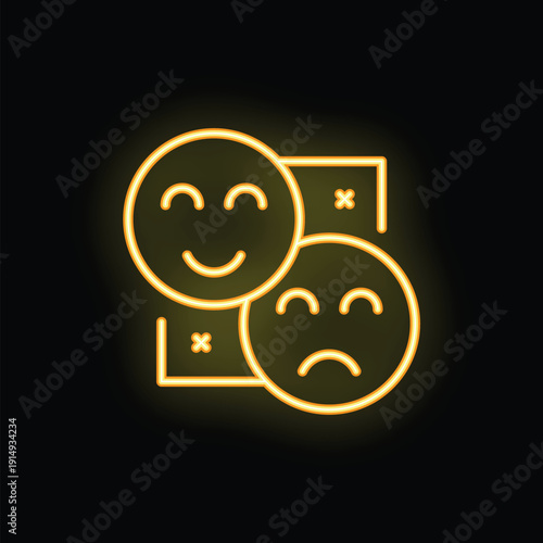 Neon glowing yellow icon of a happy face and a sad face, representing the concept of customer feedback