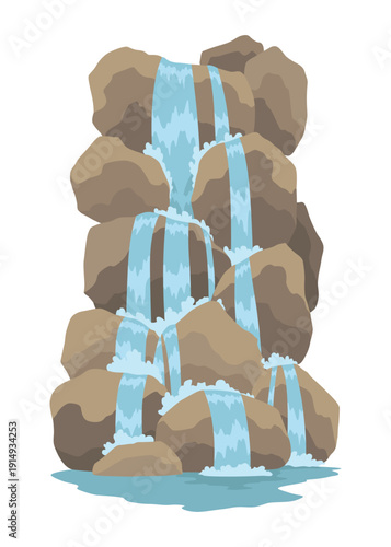 Cartoon river cascade waterfall. Landscape with mountains and trees. Design element for travel brochure or illustration mobile game. Fresh natural water