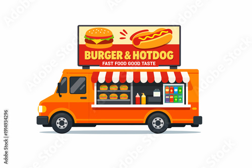 Modern Burger and Hotdog Food Truck Vector Illustration. Fast Food Mobile Restaurant or Street Eatery Business Concept Isolated on White.