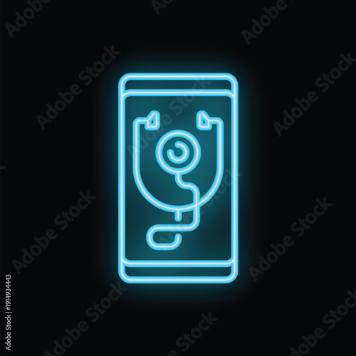 Blue neon icon of a stethoscope appearing on a smartphone screen, symbolizing telemedicine and mobile healthcare