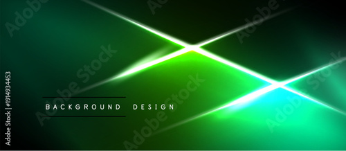 Abstract green background features bright light flares, gradients. Modern design elements create dynamic visual effect. Text reads background design.