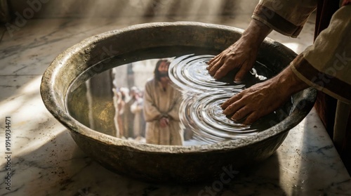 Pontius Pilate washing his hands. Biblical narrative, religious story.Man washing hands in a bowl, reflection of Jesus in water.