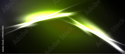 Bright light streaks across dark background. Vivid green hues dominate, creating dynamic visual effect. Energy radiates from central point.
