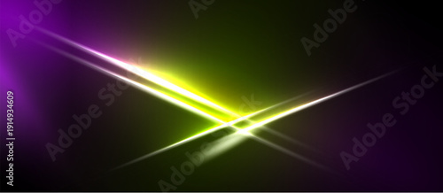 Abstract light streaks intersect. Vivid purple, green hues dominate dark background. Brightness creates dynamic visual effect.