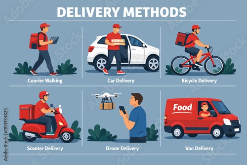Six Delivery Methods Infographic: Courier, Car, Bicycle, Scooter, Drone, and Van Transport for E-commerce and Food Logistics