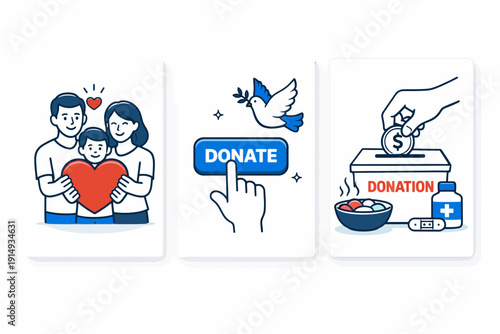 Charity and Donation Icons Set. Family with Heart, Online Give Button, and Money Box for Humanitarian Aid, Food, and Medical Support.