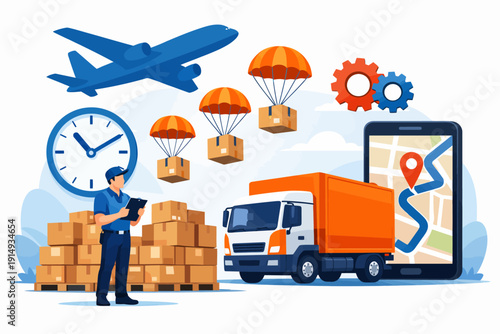 Global Logistics and Delivery Network: Truck, Airplane Transport, Warehouse Management, and Real-Time Mobile Tracking Services.