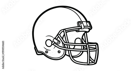 Simple black and white line art illustration of an American football helmet viewed from the side suitable for coloring or graphic design.
