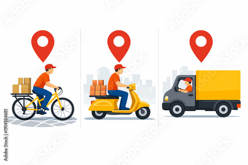 E-commerce Delivery Options: Courier Service via Bicycle, Scooter, and Truck. Tracking and Logistics Fulfillment Concepts with GPS Pins.