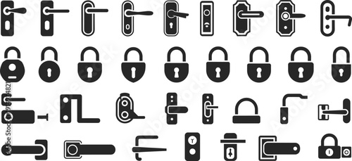 Door lock and handle icon set security hardware silhouette collection with padlock keyhole latch access control system