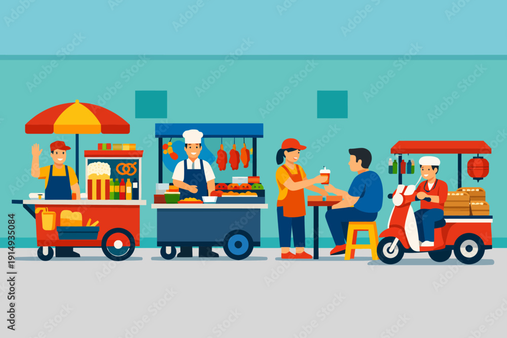 Fototapeta premium Busy Street Food Market Scene with Vendor Carts and Customers. Flat Vector Illustration of Urban Culinary Culture and Small Business.