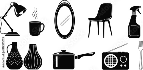Home interior household objects silhouette set, furniture icons, kitchenware tools, electronic radio, lamp, chair, vase, mirror, spray bottle, fork, vector illustration.