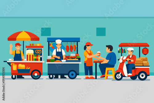 Busy Street Food Market Scene with Vendor Carts and Customers. Flat Vector Illustration of Urban Culinary Culture and Small Business.