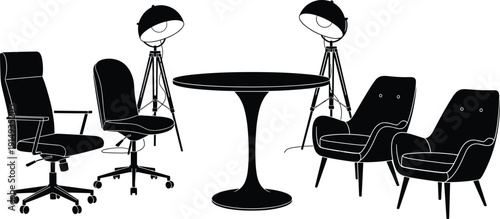 Modern furniture set with office chairs, pedestal round table, tripod floor lamps, and mid-century armchairs isolated on white background,