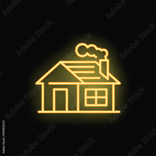 Yellow neon sign of a house with smoke coming from the chimney, suggesting warmth and comfort