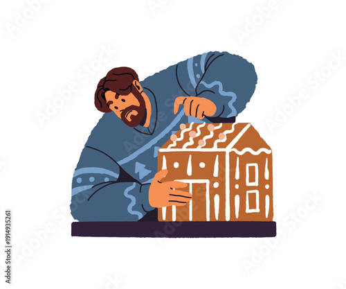 Man makes Xmas gingerbread house. Person in ugly sweater is preparing for Christmas. Character is cooking for winter holidays and New Year. Flat isolated vector illustration on white background