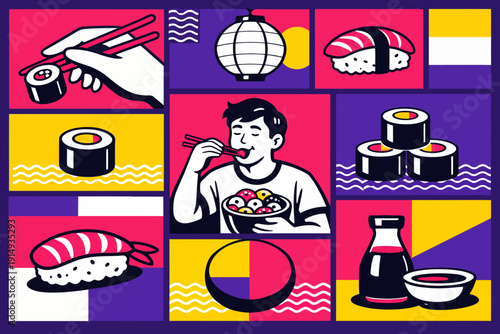 Bold Pop Art Sushi Collage Illustration. Japanese Cuisine Grid with Maki Rolls, Nigiri, Man Eating, Lantern, and Soy Sauce Bottle.