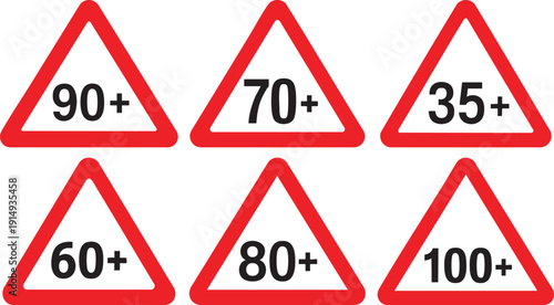 Triangular Road Warning Signs Showing Extreme Gradient Percentages 35 60 70 80 90 100 Isolated On White Background