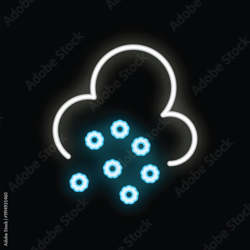 Bright neon icon of cloud making snowing with snowflakes on black background