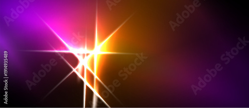 Bright starburst dominates image. Vivid purple, orange hues blend into darkness. Light rays radiate outward, creating dramatic effect.