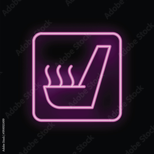 Neon glowing icon of a heated car seat with steam coming from it