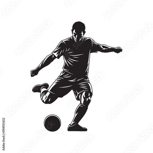 Silhouette of a soccer player kicking a ball in motion