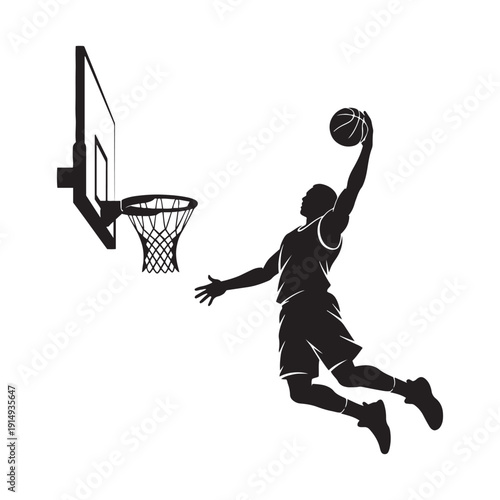 Silhouette of a basketball player dunking a ball into a hoop with net