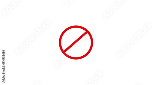 Animation of appearing and disappearing circular prohibition sign crossed out in red on blue background, green background, transparency and white background in flat design style