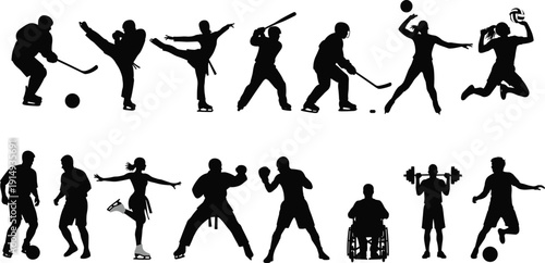 Sports athletes silhouettes set, professional players in action, hockey, soccer, karate, skating, volleyball, baseball, weightlifting, disabled sports, vector illustration, isolated.