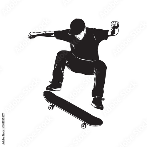 Silhouette of a skateboarder performing a trick in mid air with a skateboard silhouette