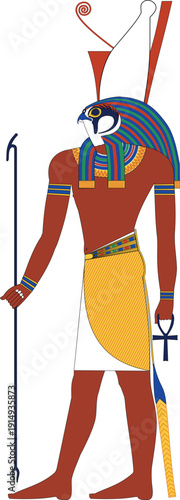 Horus Ancient Egyptian Falcon Headed God Standing Editable Colour Vector.
