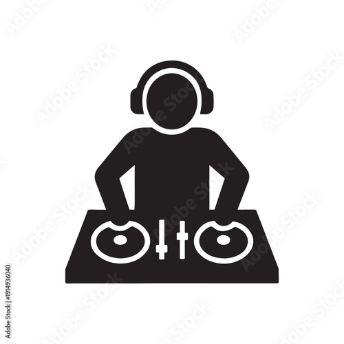 Silhouette of a deejay mixing music tracks on dual turntables with headphones Vector