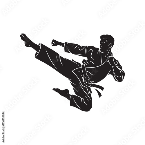 Martial arts silhouette of a person performing a high kick in mid air motion silhouette