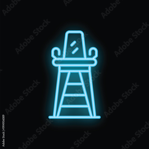 Neon blue lifeguard tower icon glowing on a black background