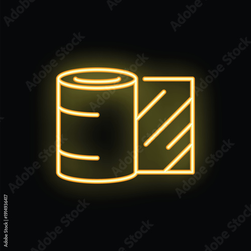Yellow neon icon of a roll of wallpaper glowing on a black background