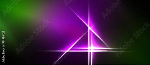 Abstract vibrant background. Purple light streaks form triangle shape over green, black gradients. Bright starburst effect present.